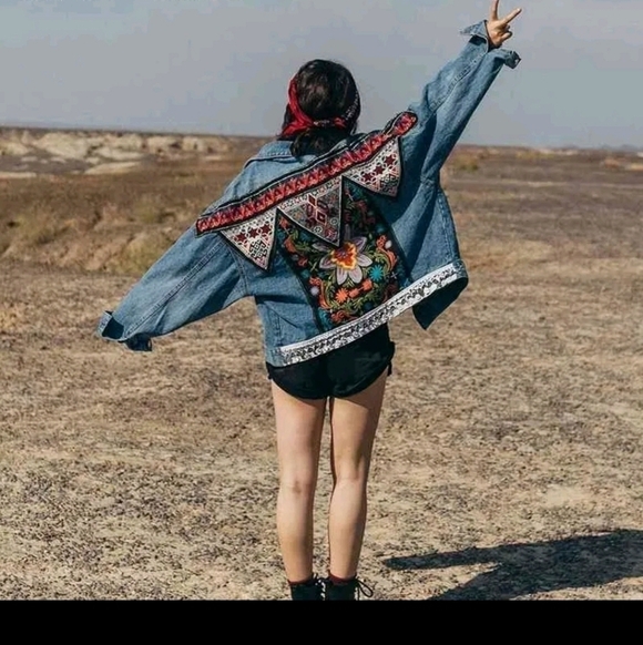 Blue Denim Embroidered Jean Jacket Oversized OSFM - Picture 11 of 14